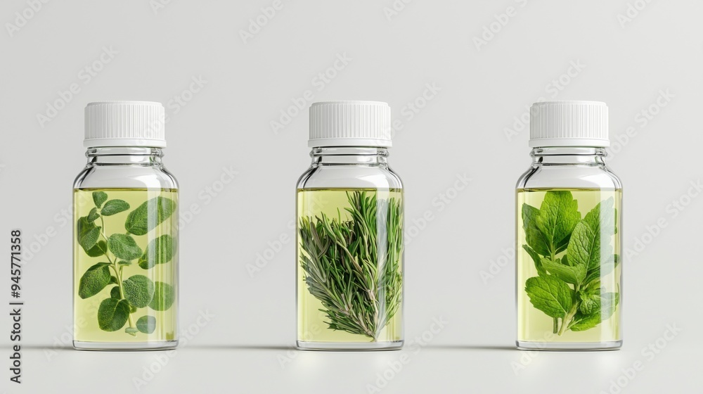Three glass bottles filled with vibrant herbs submerged in oil, perfect for culinary inspiration and natural aesthetics. Three glass bottles filled with vibrant herbs submerged in oil, perfect for culinary inspiration and natural aesthetics.