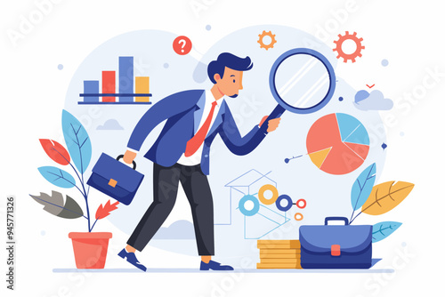 Analyze problem finding solution or opportunity, look for details to solve problem, discovery or search, root cause analysis or troubleshooting concept, businessman analyze mess with magnifying glass.