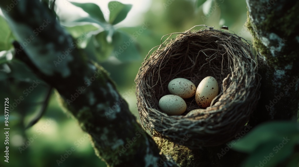 A bird's nest with three speckled eggs in a tree branch. A bird's nest with three speckled eggs in a tree branch.