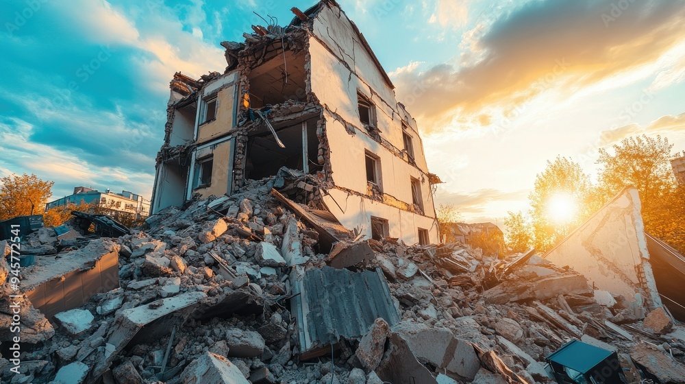 An earthquake-damaged building with rubble and debris, symbolizing the catastrophic impact of natural disasters on human infrastructure. An earthquake-damaged building with rubble and debris, symbolizing the catastrophic impact of natural disasters on human infrastructure.