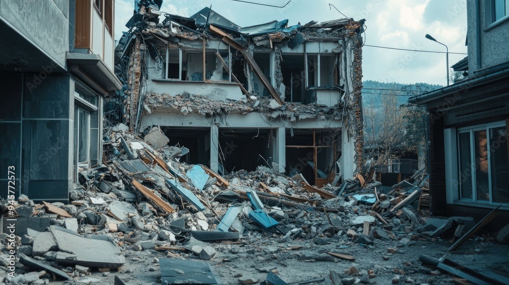 An earthquake-damaged building with rubble and debris, symbolizing the catastrophic impact of natural disasters on human infrastructure. An earthquake-damaged building with rubble and debris, symbolizing the catastrophic impact of natural disasters on human infrastructure.