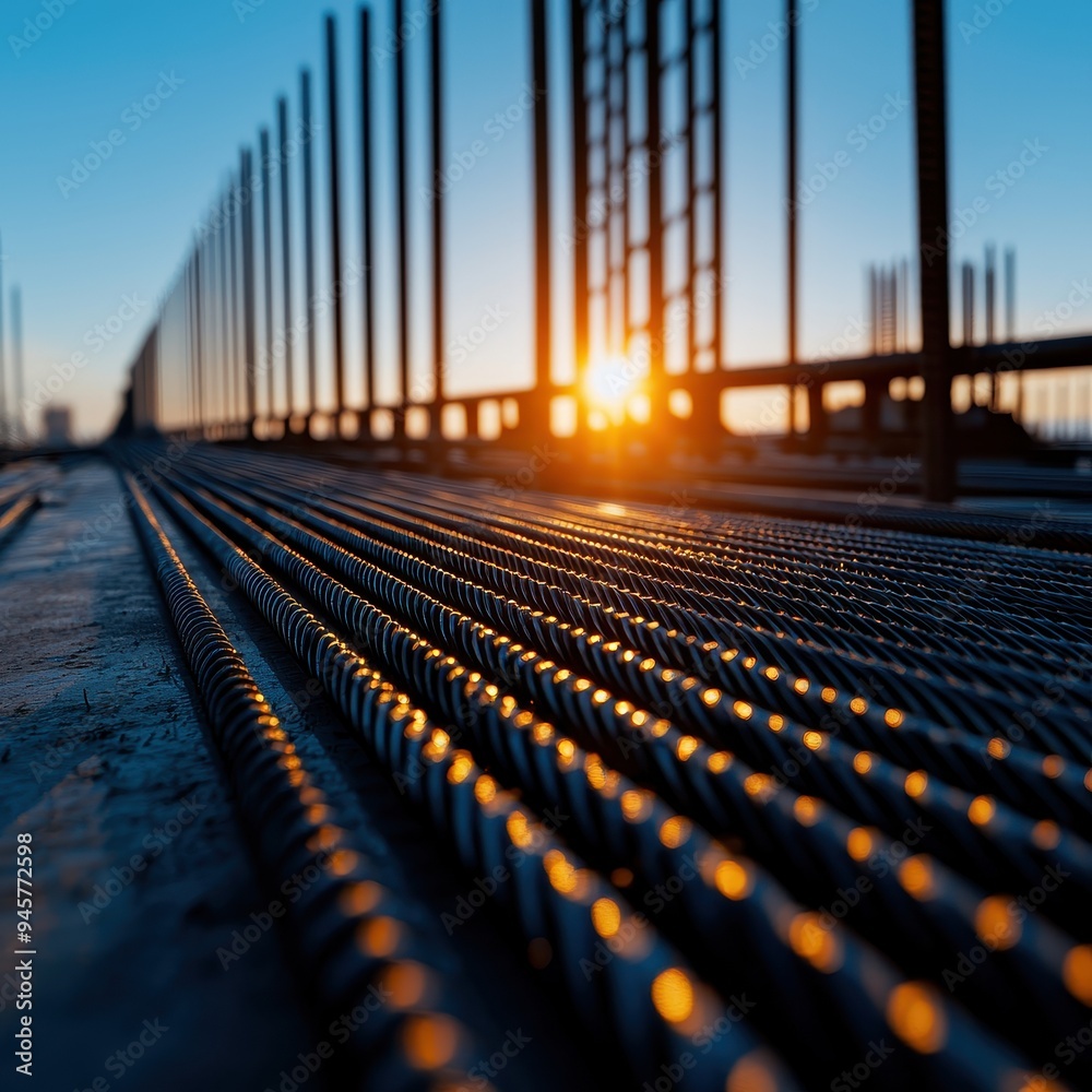 Fototapeta premium Close-up of construction rebar with sunset lighting, showcasing industrial elements and textures at a building site.