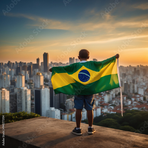 Kid Holding Brazil Independence Day Wrapped in Country Flag