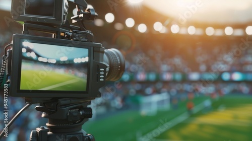 A professional video camera filming a soccer game in a stadium, with the blurred field and crowd in the background.