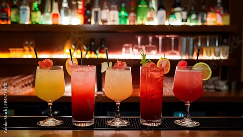 Nice color drinks on the wooden bar photo