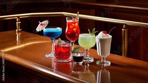 Nice color drinks on the wooden bar photo