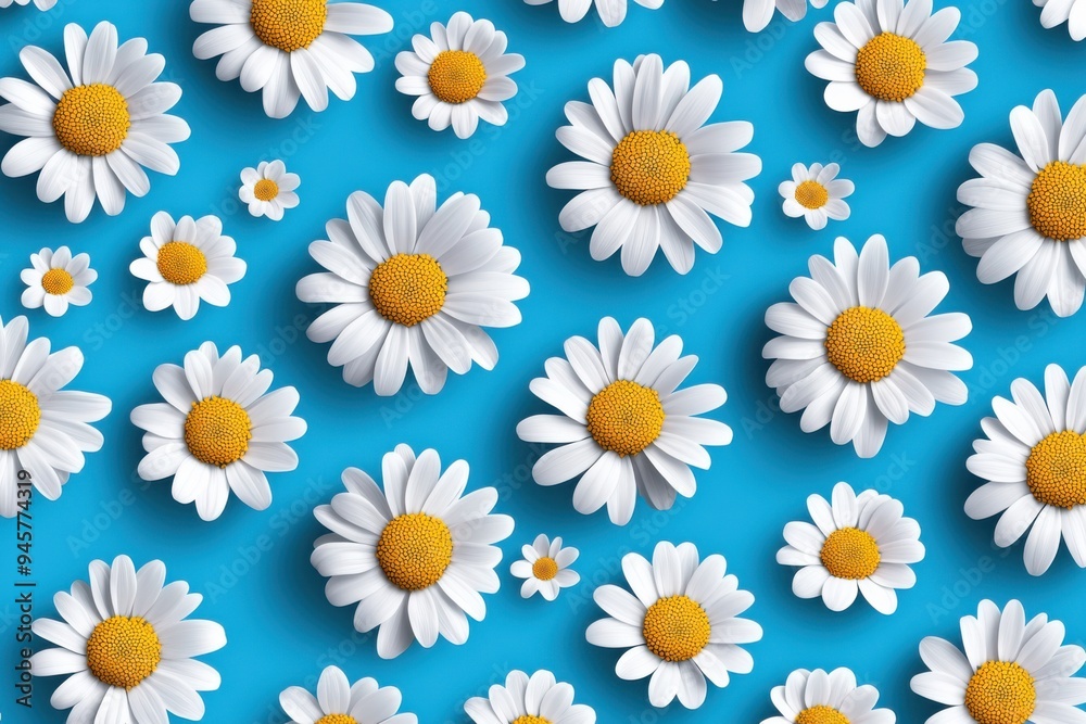 Vibrant daisies on a bright blue background, creating a cheerful and lively atmosphere for any creative project. Vibrant daisies on a bright blue background, creating a cheerful and lively atmosphere for any creative project.