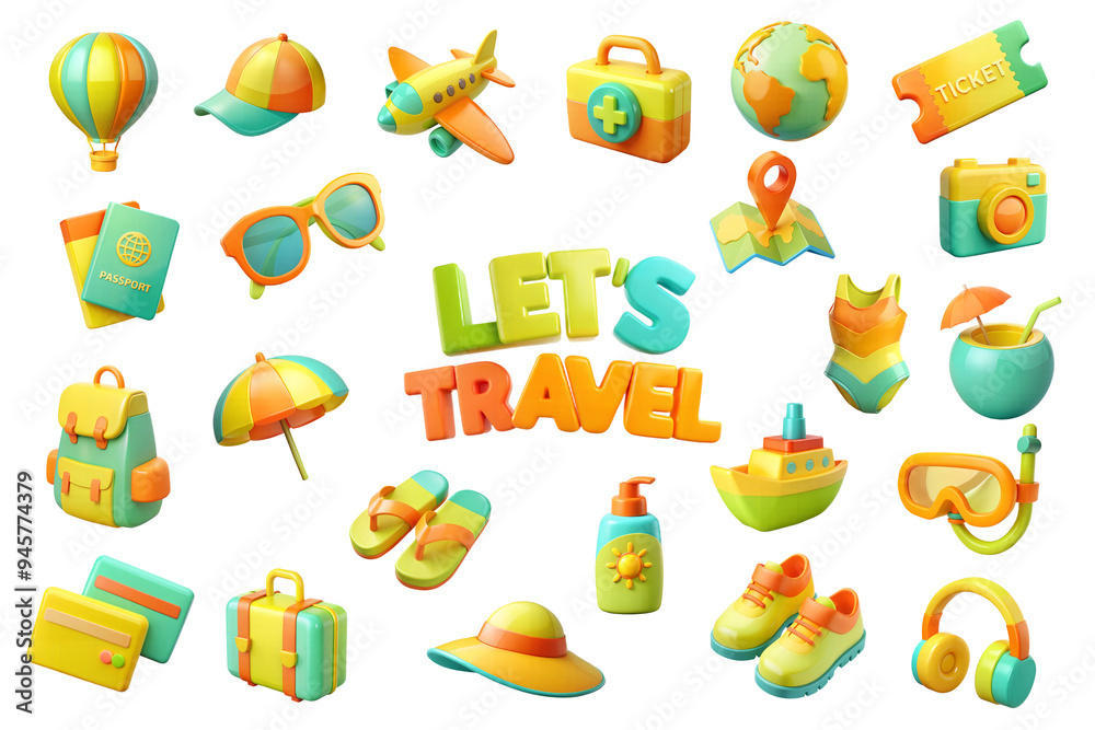 Fototapeta premium Collection of adventure tourism, summer vacation trip decorative design elements isolated on white background.