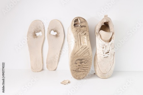 Pair of worn out shoes with visible wear, dirt, and scuffs. Old and heavily used footwear showing signs of damage, including frayed edges, holes, and detached soles. Aged, shabby