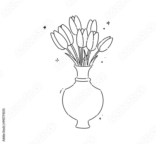 Tulip flowers in vase hand drawn line vector illustration for decoration