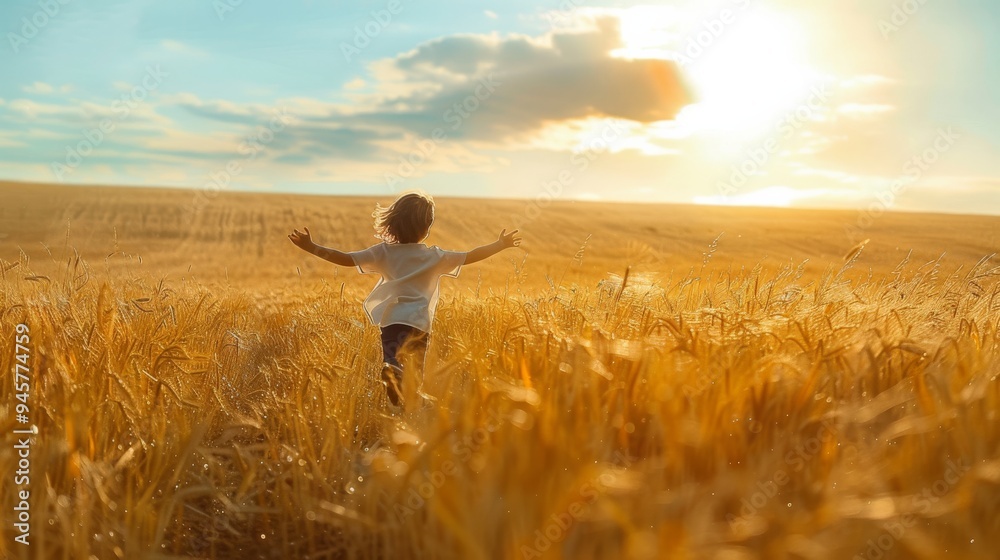 A child joyfully runs through a golden wheat field at sunset, arms spread wide as they embrace the freedom and open space around them. A child joyfully runs through a golden wheat field at sunset, arms spread wide as they embrace the freedom and open space around them.