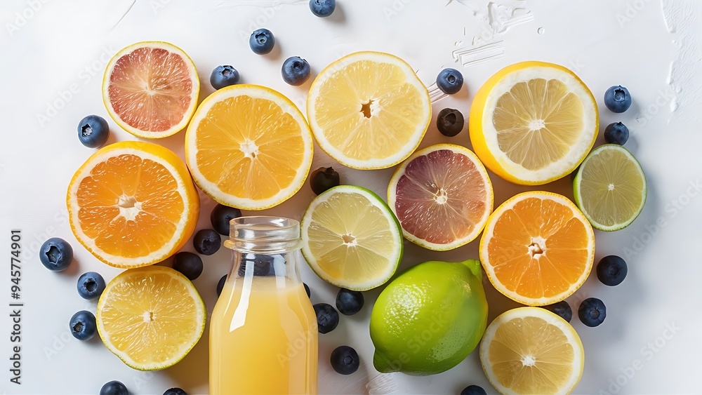 Top view of citrus fruits with blueberries and bottle of fresh juice on white surface