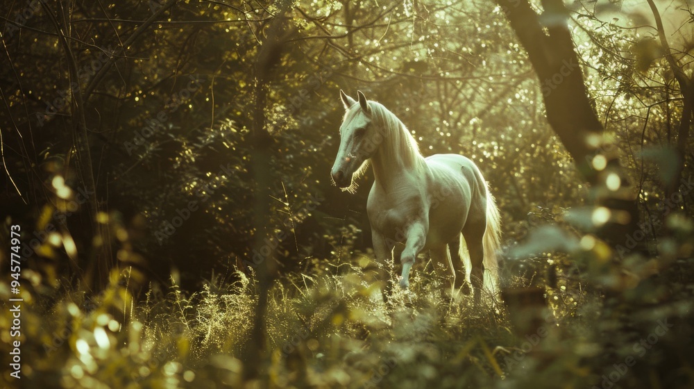 A majestic white horse stands tall in a sunlit forest clearing, surrounded by foliage, epitomizing freedom and the tranquil beauty of nature. A majestic white horse stands tall in a sunlit forest clearing, surrounded by foliage, epitomizing freedom and the tranquil beauty of nature.