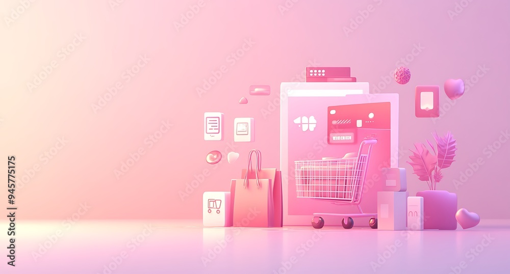 Pink 3D Illustration of Online Shopping with Shopping Cart and Credit Card Pink 3D Illustration of Online Shopping with Shopping Cart and Credit Card