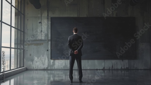 A man in a suit stands with his hands clasped behind his back, gazing at a large, empty black canvas in a modern, industrial-style room.