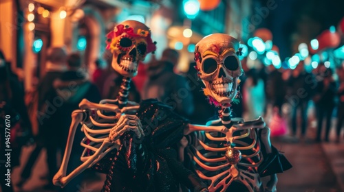 Two skeletons adorned with colorful decorations merrily posing for a photograph on a lively, night-lit street. photo