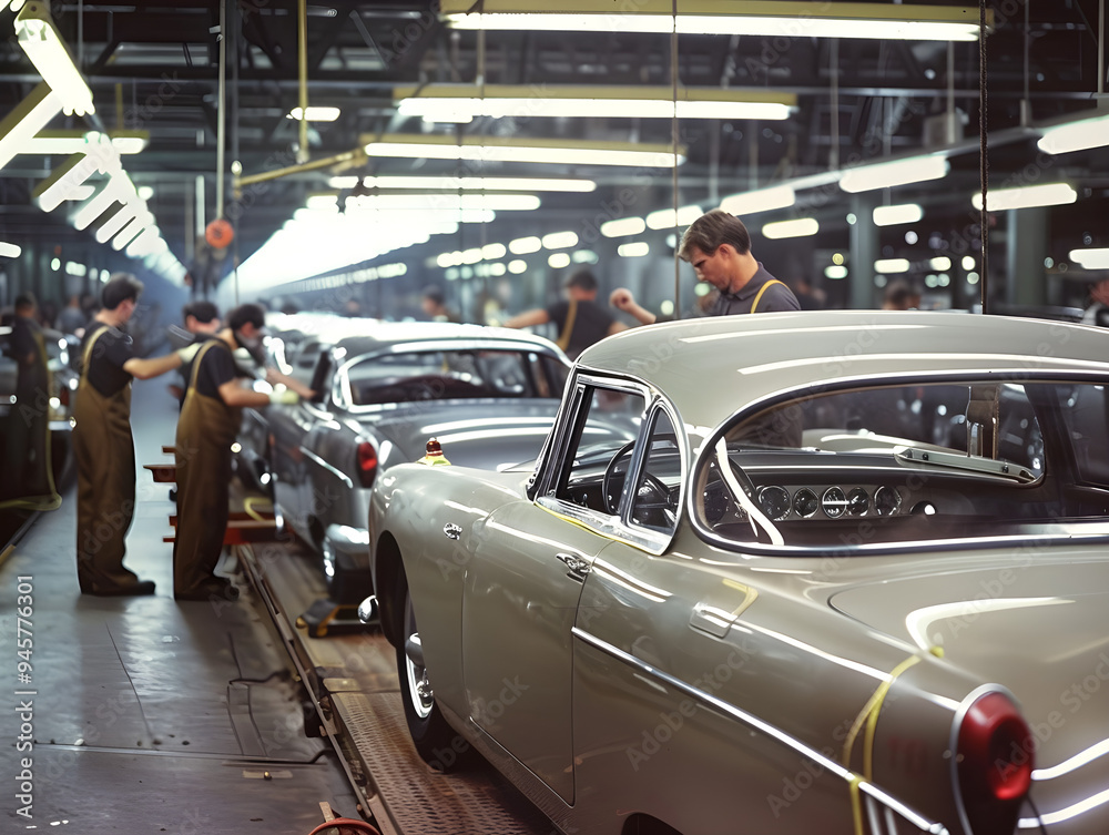 Skilled workers diligently assembling cars on a high-tech automotive assembly line in a factory. Skilled workers diligently assembling cars on a high-tech automotive assembly line in a factory.