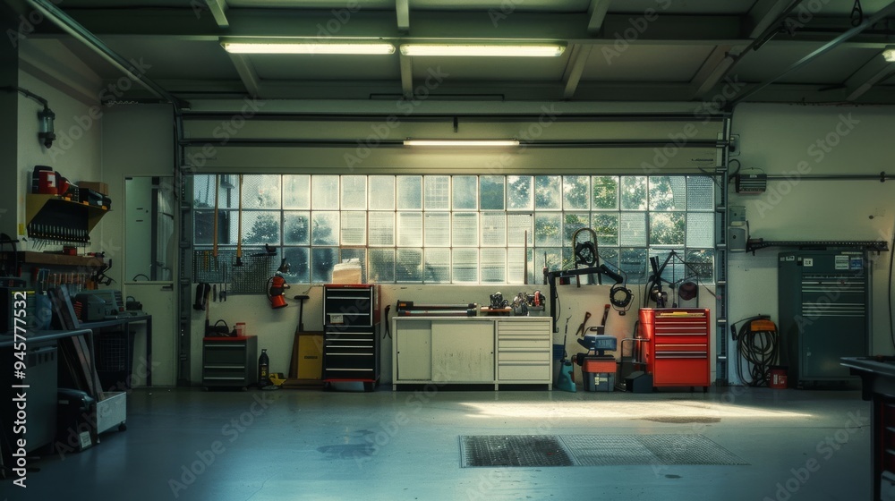 A well-organized workshop bathed in natural light, featuring tools, workbenches, and storage units, capturing a sense of order and productivity. A well-organized workshop bathed in natural light, featuring tools, workbenches, and storage units, capturing a sense of order and productivity.