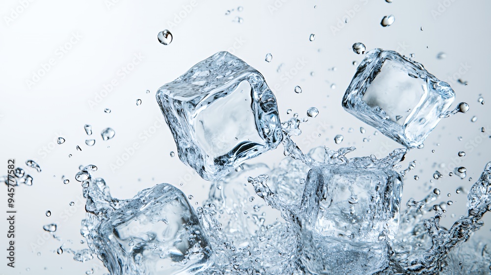 Ice cubes splashing into water, creating dynamic movement and refreshing imagery. Ice cubes splashing into water, creating dynamic movement and refreshing imagery.