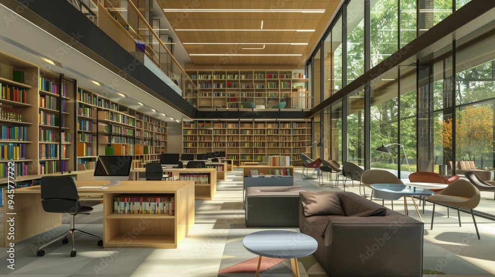 A spacious, sunlit modern library with tall windows, offering a serene reading and study environment. Shelves are lined with books, and cozy seating areas invite relaxation.