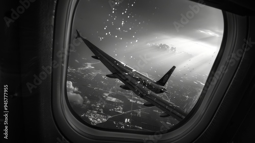 A black and white photo captured from an airplane window, showcasing the wing of the plane against a backdrop of clouds and a dramatic sunbeam. It evokes feelings of travel, freedom, and the beauty of photo