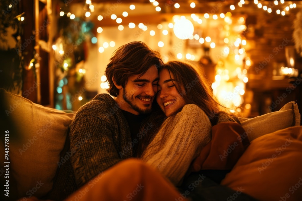 A cozy moment between a couple in a beautifully decorated space. Warm lights create a romantic atmosphere. Perfect for holiday-themed content. Generative AI A cozy moment between a couple in a beautifully decorated space. Warm lights create a romantic atmosphere. Perfect for holiday-themed content. Generative AI