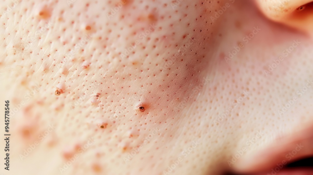 Fototapeta premium A close-up of human skin with visible pores and imperfections, highlighting its natural texture and details.