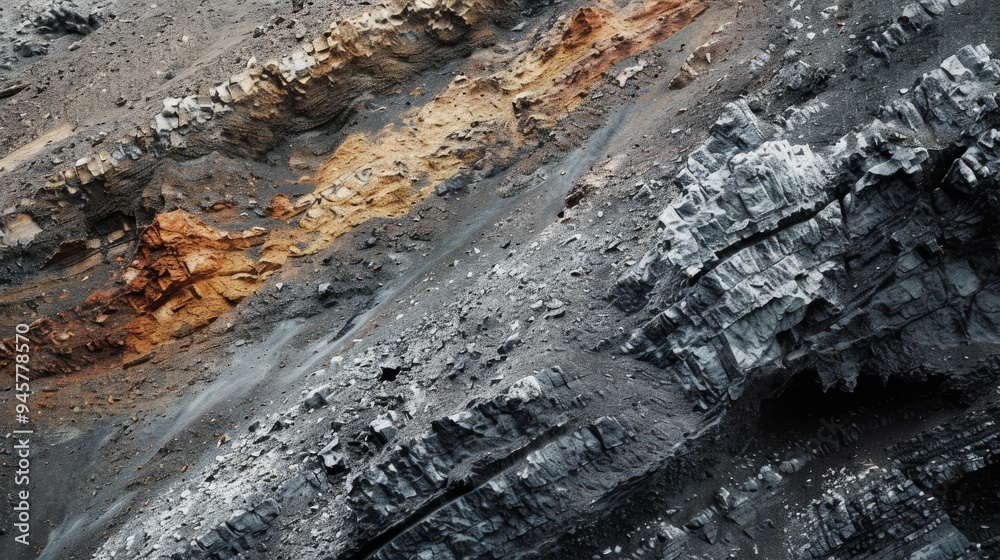 A close-up view of rocky terrain, highlighting vibrant striations of orange, gray, and black, reveals the rich geological history carved by nature. A close-up view of rocky terrain, highlighting vibrant striations of orange, gray, and black, reveals the rich geological history carved by nature.