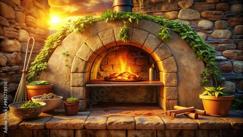 Warm golden light illuminates a rustic oven recessed into a distressed stone surface, surrounded by worn wooden accents and a sprinkling of fresh herbs. photo