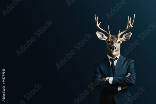 An unusual depiction of a deer in a suit, blending nature with business themes in a creative and eye-catching way. photo