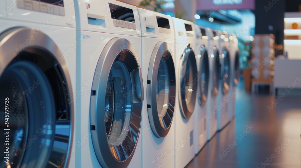 A sleek row of washing machines in a brightly lit store, highlighted by warm, ambient lighting and a spacious layout. A sleek row of washing machines in a brightly lit store, highlighted by warm, ambient lighting and a spacious layout.