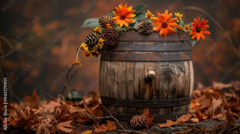 A wooden barrel with fall flowers and leaves A wooden barrel with fall flowers and leaves