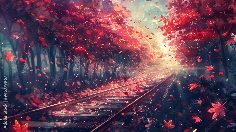 Autumn, train tracks in the woods, beautiful autumn leaves Autumn, train tracks in the woods, beautiful autumn leaves