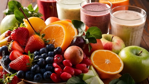 Close-up view of fresh fruits and vegetables and various smoothies in glasses on table