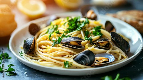 Spaghetti with mussels, parsley, and lemon zest served on a white plate