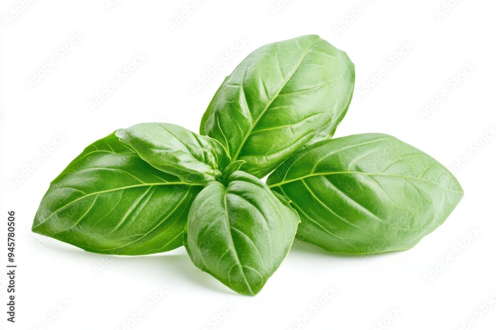 Fresh basil leaves arranged on a white background, showcasing their vibrant green color. Fresh basil leaves arranged on a white background, showcasing their vibrant green color.