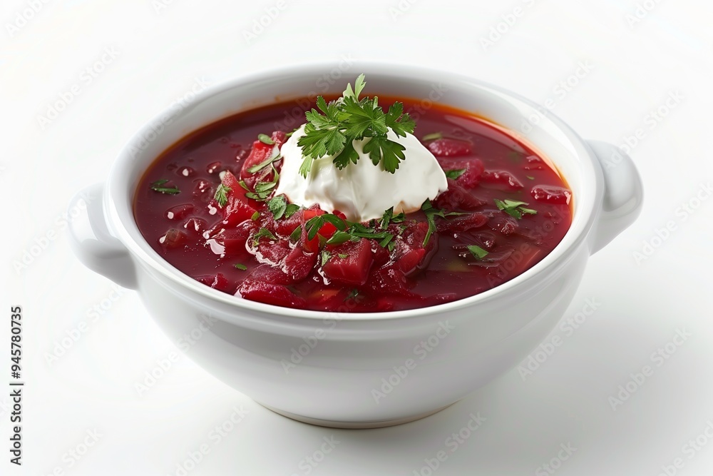 A bowl of hearty borscht topped with sour cream and fresh herbs, served on a white background, showcasing vibrant colors and textures A bowl of hearty borscht topped with sour cream and fresh herbs, served on a white background, showcasing vibrant colors and textures