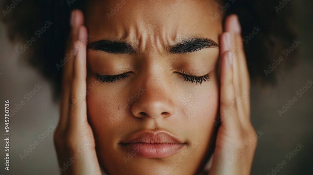 Fototapeta premium A young adult with closed eyes holds their head in their hands, conveying a moment of stress and anxiety in a tranquil environment. Generative AI