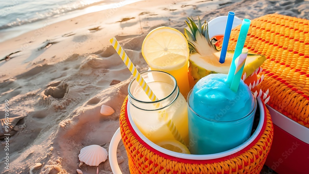 Close-up view of summer drinks with straws and cooler on sandy beach at sunset Close-up view of summer drinks with straws and cooler on sandy beach at sunset