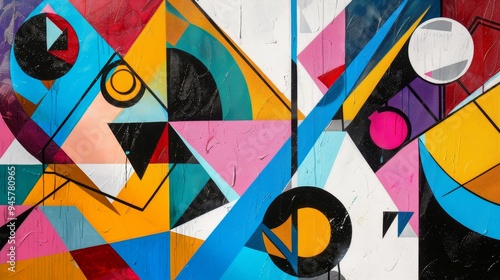 A captivating abstract pop art painting featuring bold geometric shapes and vibrant colors. The dynamic composition evokes a sense of energy and movement, while the contrasting colors create a strikin photo