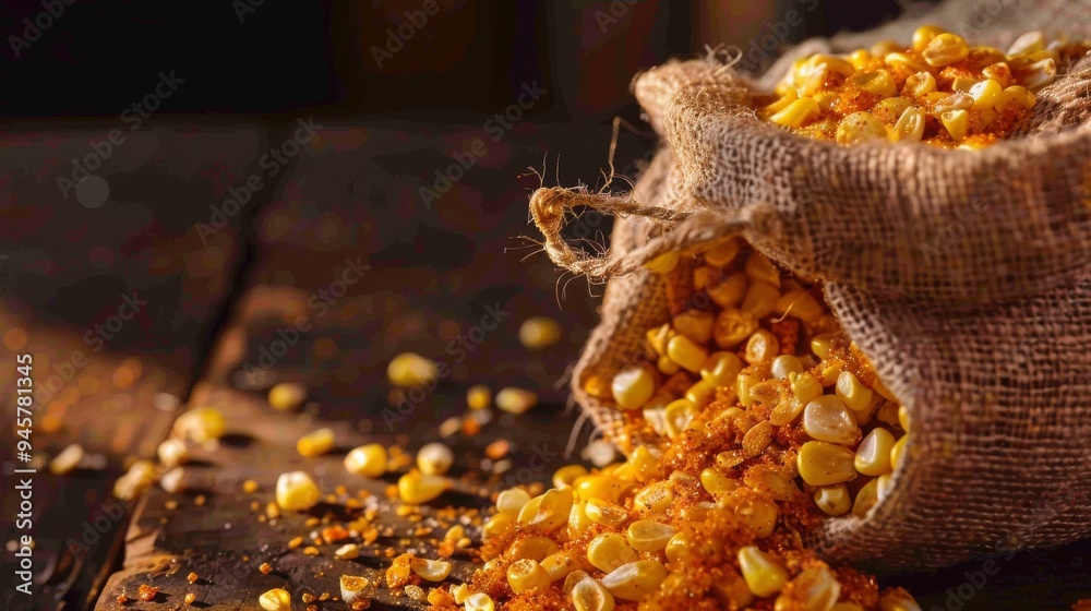 A rustic burlap sack spills vibrant corn onto a wooden surface, capturing the essence of abundance and harvest with warm, golden hues. A rustic burlap sack spills vibrant corn onto a wooden surface, capturing the essence of abundance and harvest with warm, golden hues.
