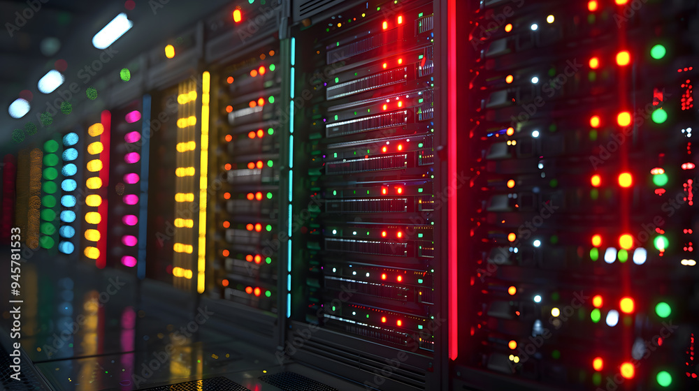 Obraz premium Row of network servers with glowing LED lights