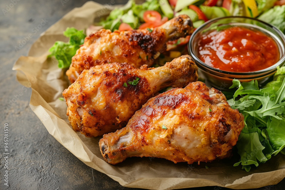 A gourmet air-fried chicken dish, perfectly browned and juicy, served on a rustic wooden table with a side of fresh salad and a dipping sauce A gourmet air-fried chicken dish, perfectly browned and juicy, served on a rustic wooden table with a side of fresh salad and a dipping sauce