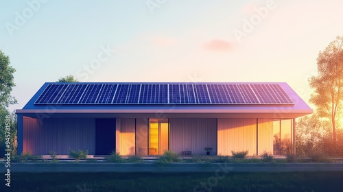 Wallpaper Mural Modern eco-friendly house with solar panels, surrounded by greenery, showcasing sustainable architecture at sunset. Torontodigital.ca