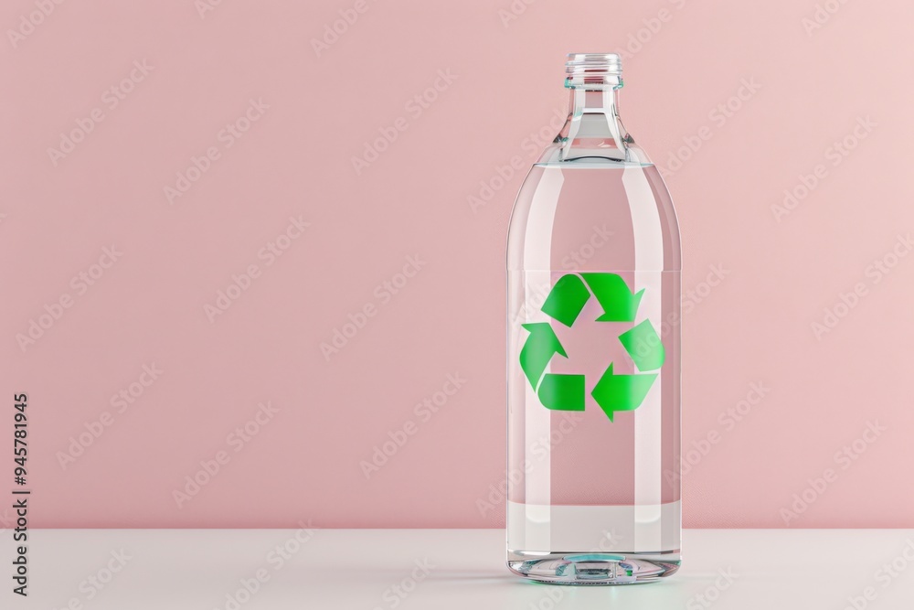 A clear glass bottle with a distinctive green recycling logo on it, standing against a minimalistic pink background, symbolizing environmental responsibility and clean living. A clear glass bottle with a distinctive green recycling logo on it, standing against a minimalistic pink background, symbolizing environmental responsibility and clean living.