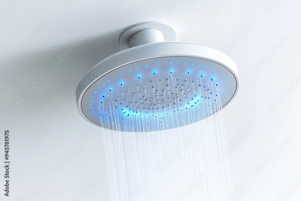 Modern showerhead with LED lights, creating an elegant and relaxing ambiance in a bathroom setting. Modern showerhead with LED lights, creating an elegant and relaxing ambiance in a bathroom setting.