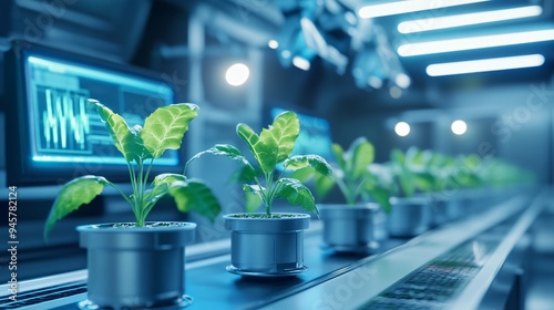 futuristic render, GMO plants, genetically modified sprouts growing under specialized lights, clean and advanced lab setup, digital monitors tracking genetic traits, cool blue and white lighting, a photo