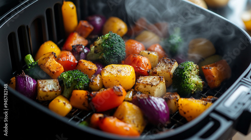 A variety of colorful, roasted vegetables being pulled out of an air fryer basket, with the steam rising