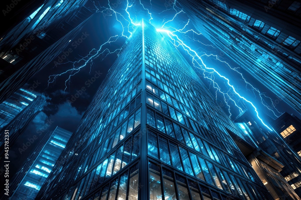 A dramatic storm scene showcasing a tall skyscraper illuminated by bright blue lightning, emphasizing the power of nature. A dramatic storm scene showcasing a tall skyscraper illuminated by bright blue lightning, emphasizing the power of nature.