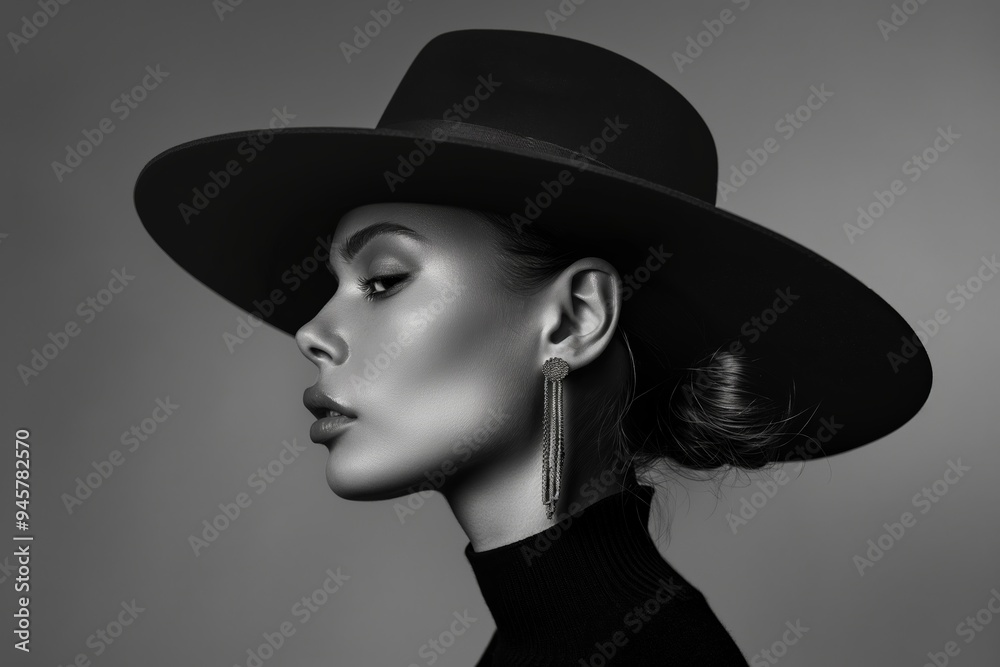 Stylish woman in a wide-brimmed hat poses elegantly in black and white with statement earrings, showcasing timeless fashion in a studio setting Stylish woman in a wide-brimmed hat poses elegantly in black and white with statement earrings, showcasing timeless fashion in a studio setting